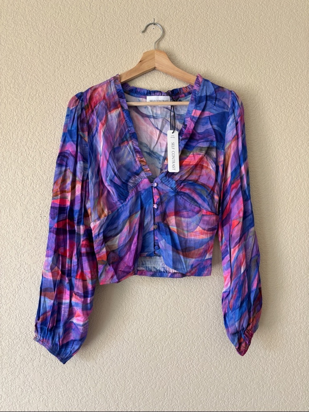 Self Contrast Purple Multi-Color V-Neck Button Front Women's Top- NWT